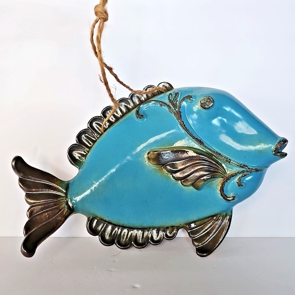 Vintage Ceramic Fish Wall Hanging Turquoise Blue Bronze Coastal Decor Art 12in
